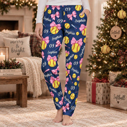 Personalized Softball Name & Number Lounge Pants, Custom Softball Pajama Pants for Girls & Players