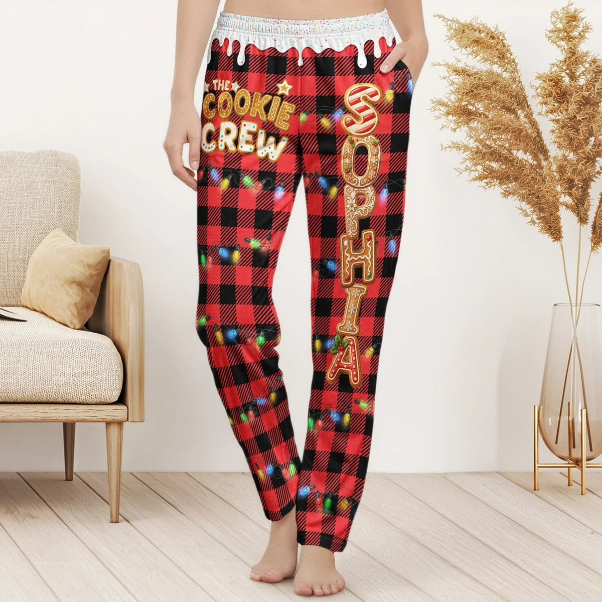 Personalized Christmas Cookie Crew Lounge Pants – Custom Name Buffalo Plaid Pajama Pants