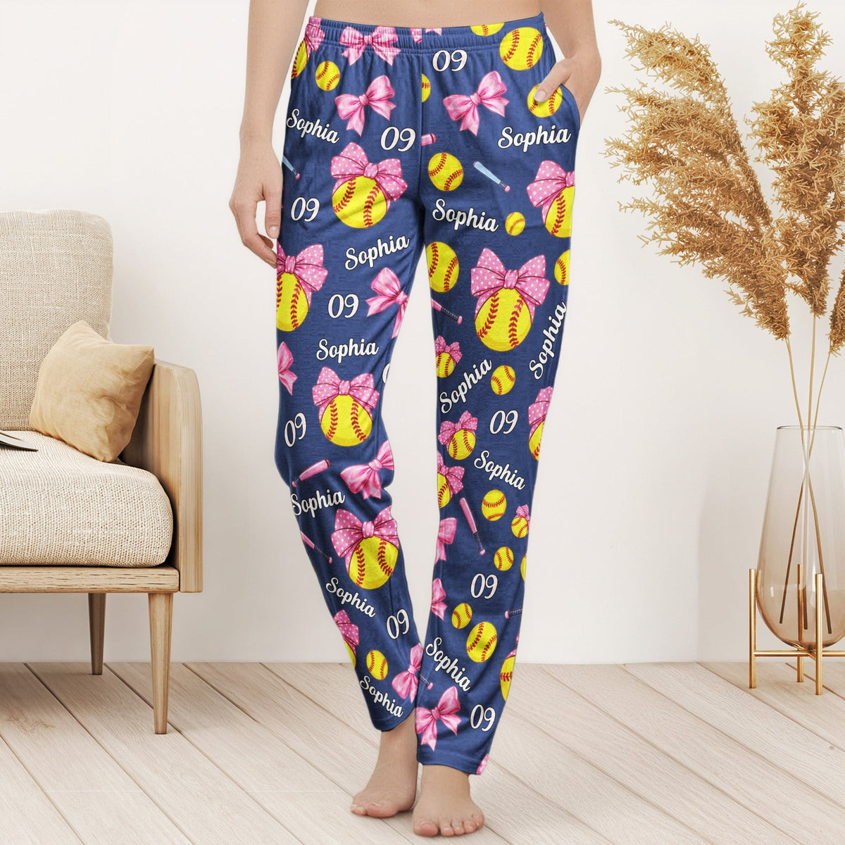 Personalized Softball Name & Number Lounge Pants, Custom Softball Pajama Pants for Girls & Players