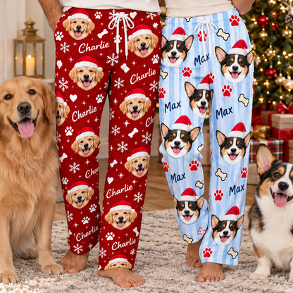 Personalized Pet Face Christmas Lounge Pants – Custom Dog Photo & Name Matching Pajama Pants