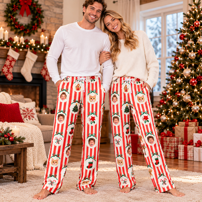 Personalized Photo & Pet Christmas Stripe Lounge Pants – Custom Face Christmas Pajama Pants