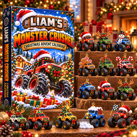 Personalized Monster Crusher Advent Calendar 2026 – 24 Christmas Monster Truck Acrylic Ornaments