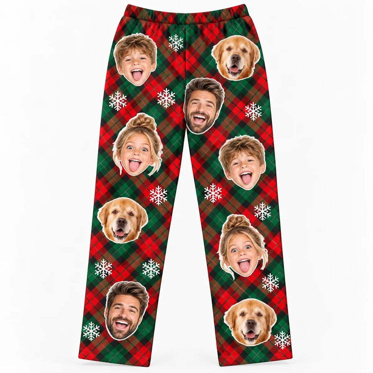 Custom Family Face Christmas Plaid Lounge Pants – Personalized Photo Pajama Pants With Pet