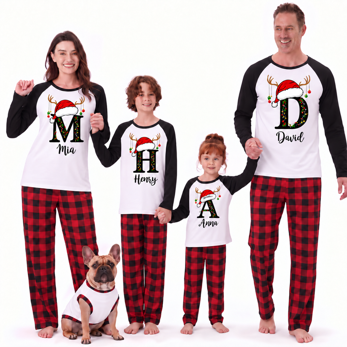 Festive Custom Initial Reindeer Family Christmas Pajamas With Pet