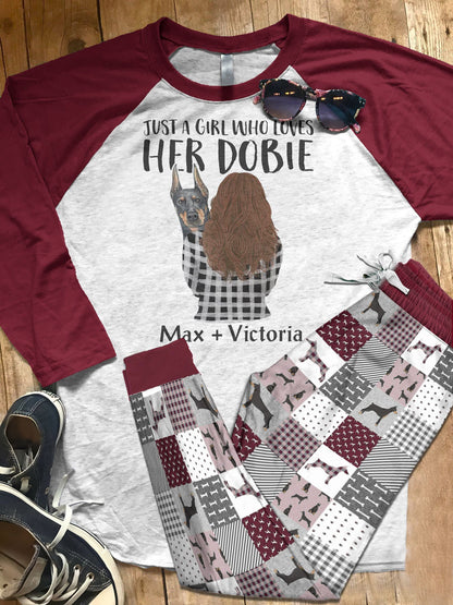 Doberman Personalized Set Me And My Dobie Styles Pajama Set |Sleepwear Pjs Sets | Raglan Shirt Pants Set