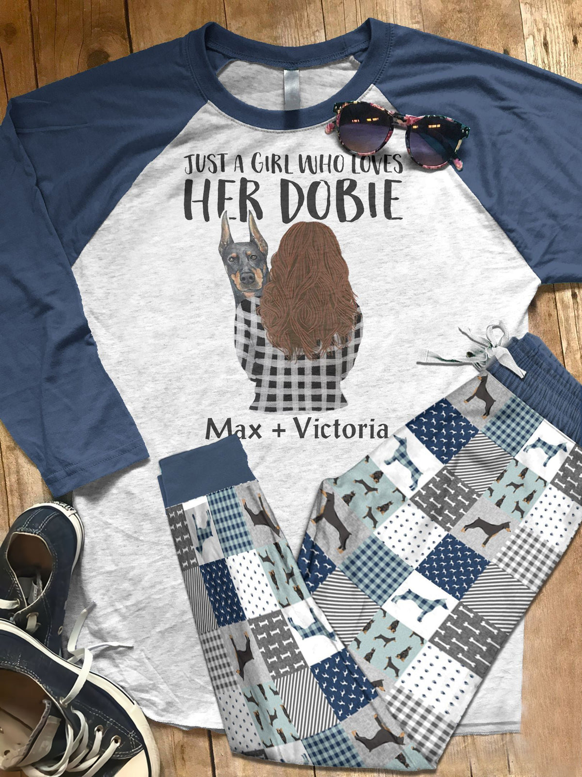 Doberman Personalized Set Me And My Dobie Styles Pajama Set |Sleepwear Pjs Sets | Raglan Shirt Pants Set