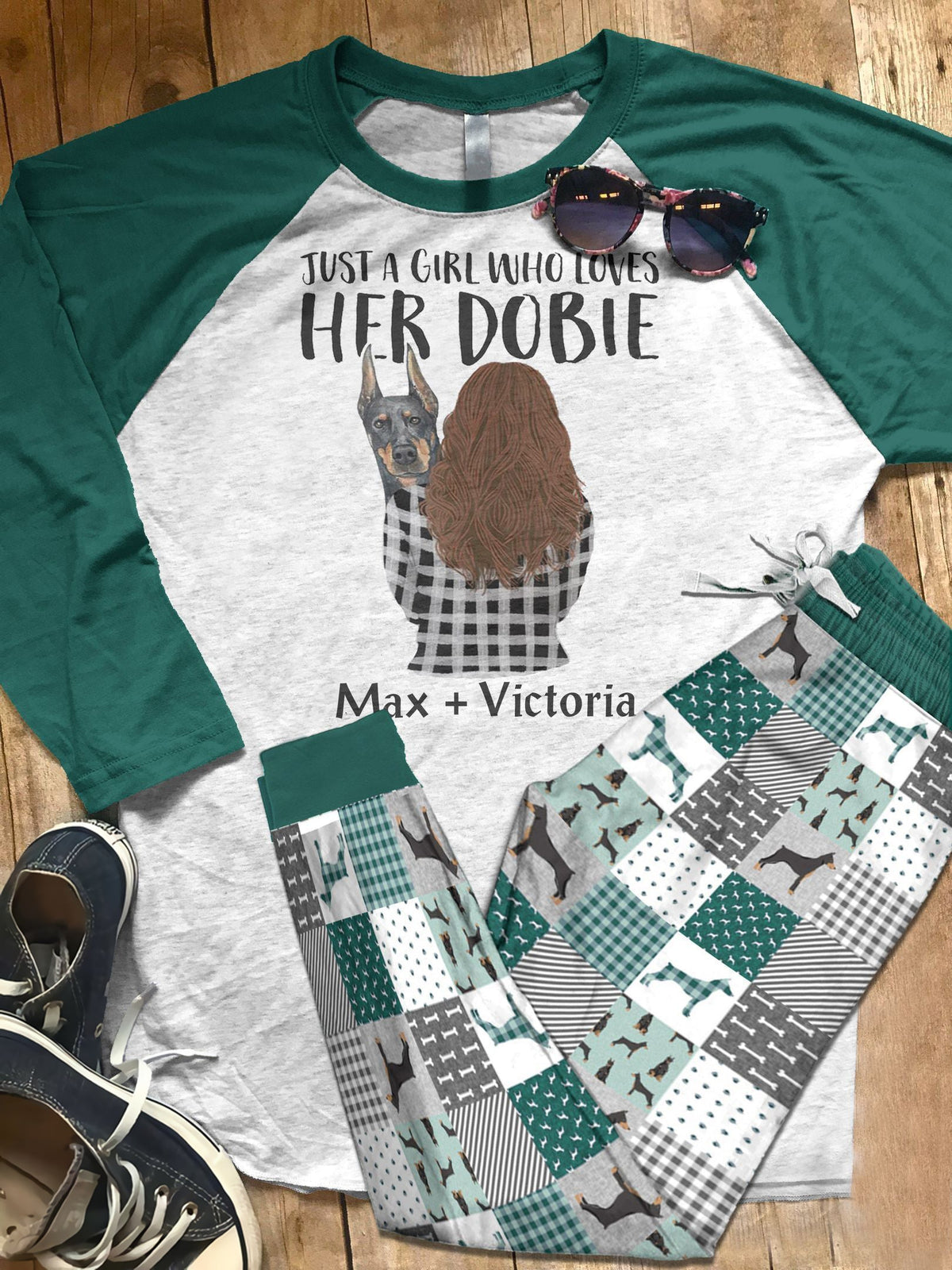 Doberman Personalized Set Me And My Dobie Styles Pajama Set |Sleepwear Pjs Sets | Raglan Shirt Pants Set