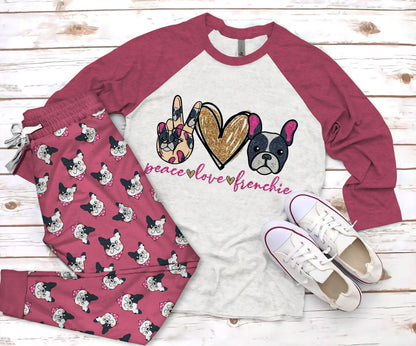 French Bulldog Peace Love Pink Best Pajama Set |Sleepwear Pjs Sets | Raglan Shirt Pants Set