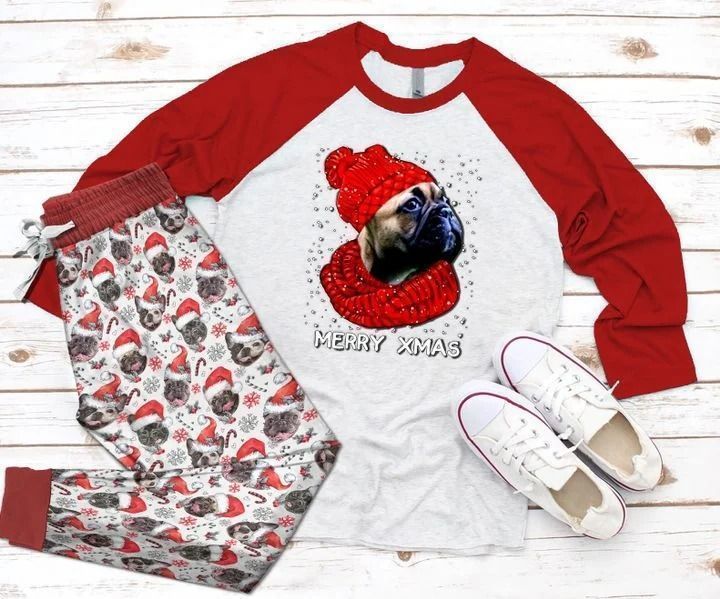 Bulldog Merry Xmas Red High Quality Pajama Set |Sleepwear Pjs Sets | Raglan Shirt Pants Set