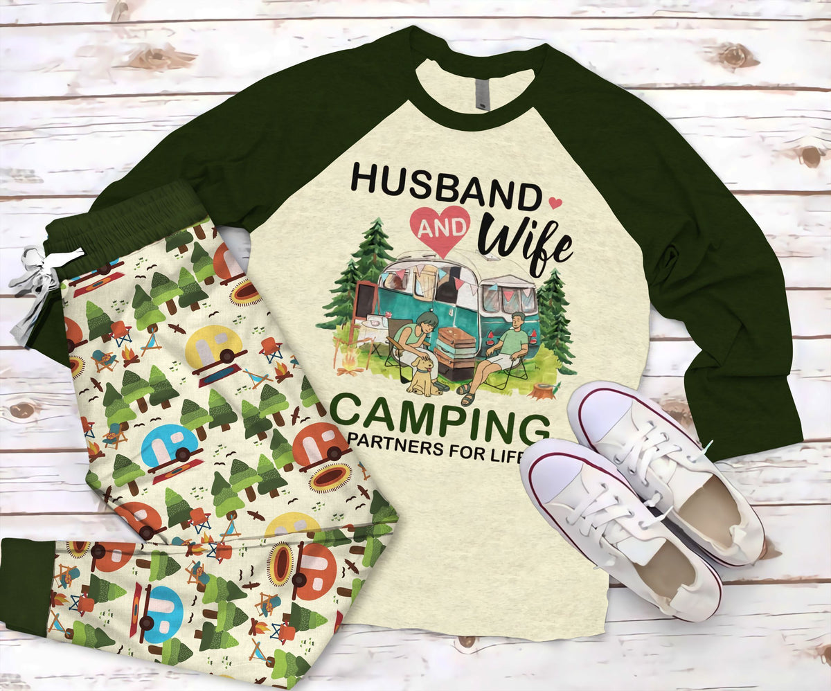Camping Partner For Life Green Awesome Pajama Set |Sleepwear Pjs Sets | Raglan Shirt Pants Set