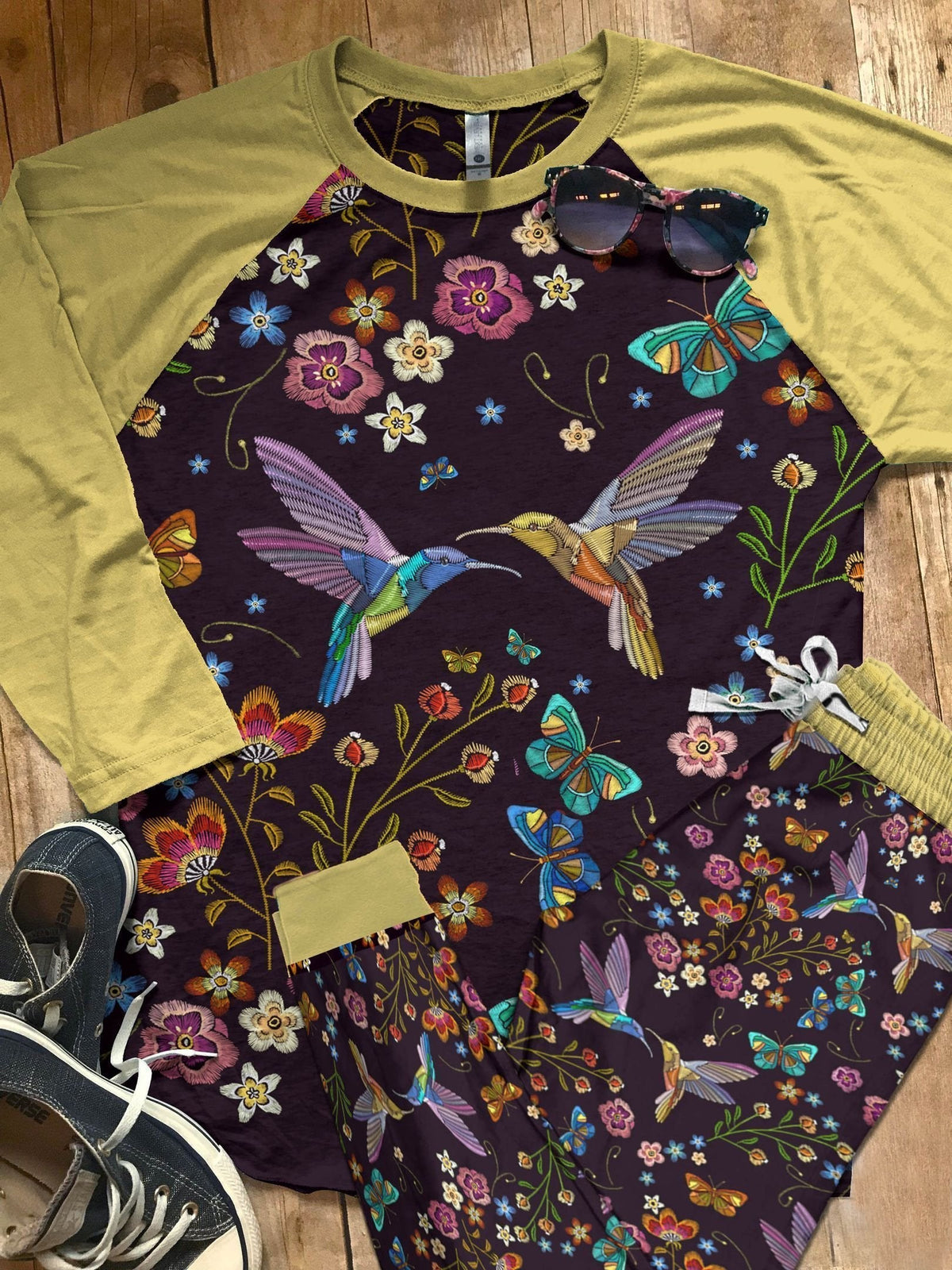Hummingbird Yellow Good Pajama Set |Sleepwear Pjs Sets | Raglan Shirt Pants Set