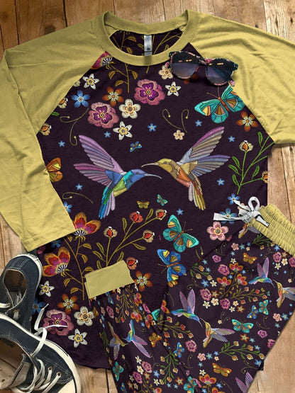 Hummingbird Yellow Good Pajama Set |Sleepwear Pjs Sets | Raglan Shirt Pants Set
