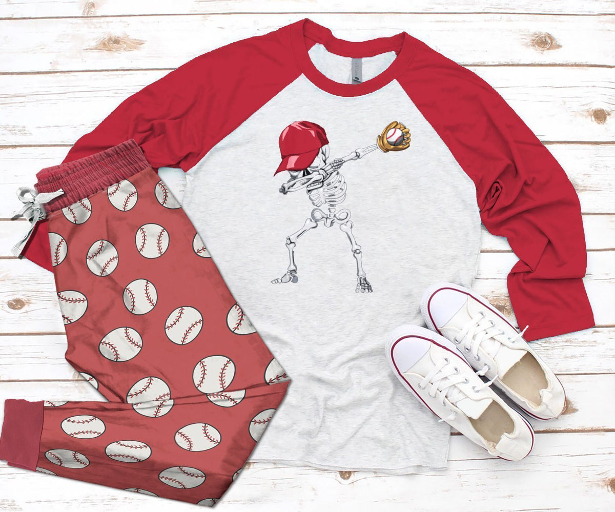 Baseball Baseball Dabbing Red Awesome Pajama Set |Sleepwear Pjs Sets | Raglan Shirt Pants Set
