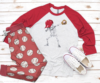 Baseball Baseball Dabbing Red Awesome Pajama Set |Sleepwear Pjs Sets | Raglan Shirt Pants Set