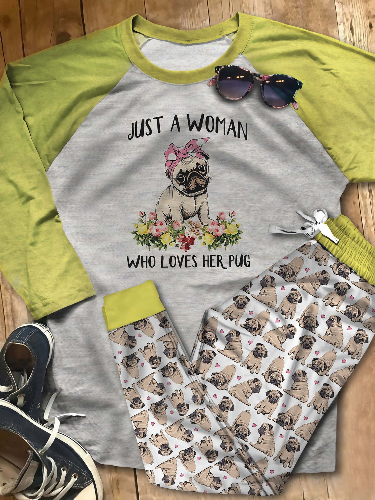 Pug Just A Woman Who Loves Her Pug Pajama Set |Sleepwear Pjs Sets | Raglan Shirt Pants Set