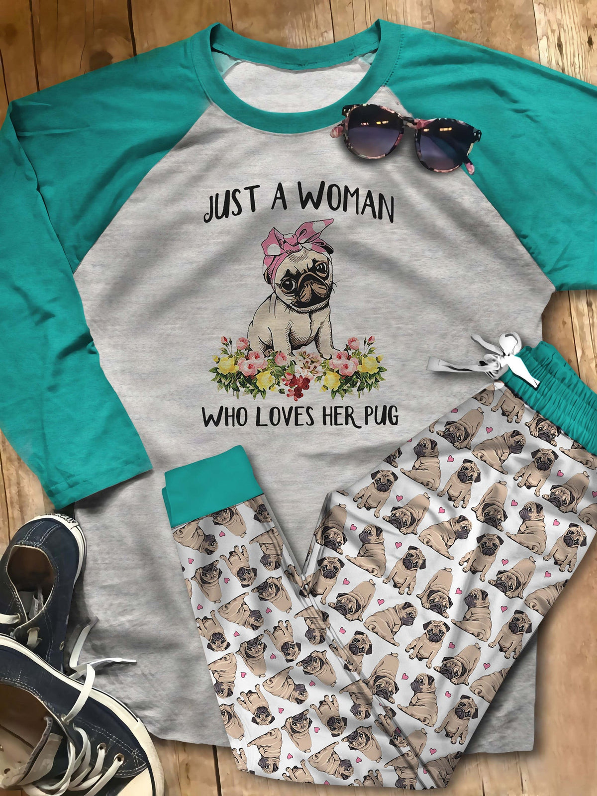Pug Just A Woman Who Loves Her Pug Pajama Set |Sleepwear Pjs Sets | Raglan Shirt Pants Set