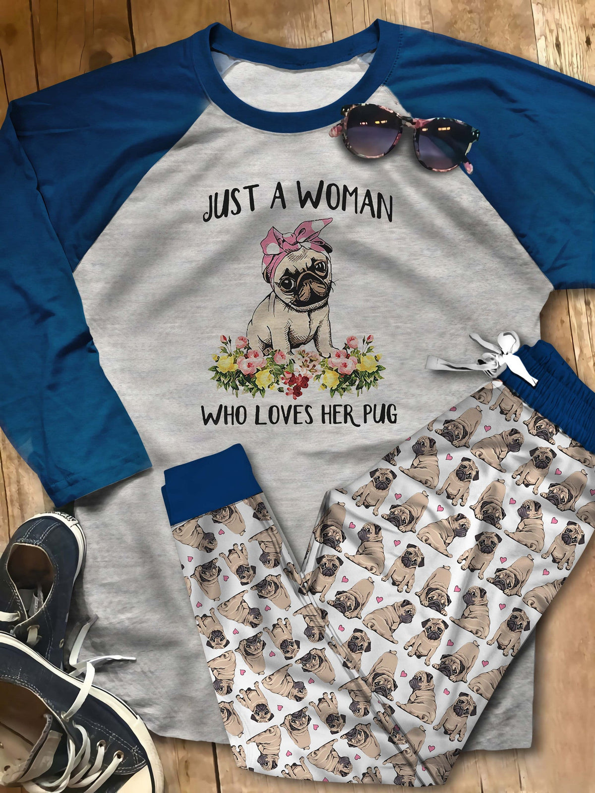 Pug Just A Woman Who Loves Her Pug Pajama Set |Sleepwear Pjs Sets | Raglan Shirt Pants Set