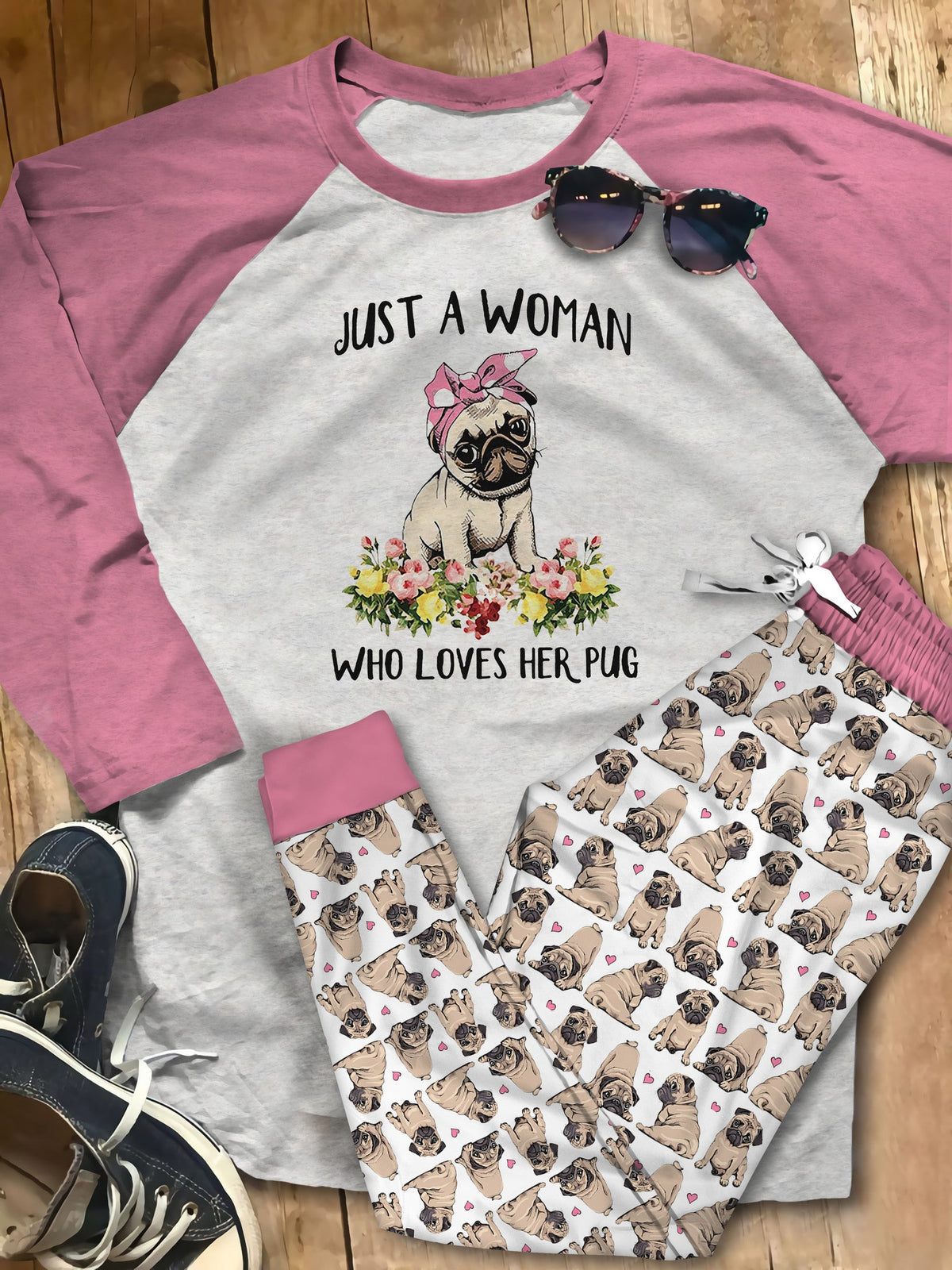 Pug Just A Woman Who Loves Her Pug Pajama Set |Sleepwear Pjs Sets | Raglan Shirt Pants Set