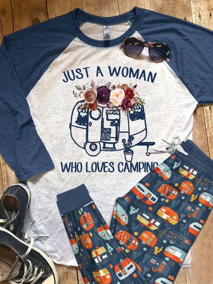 Just A Woman Who Loves Camping Navy High Quality Pajama Set |Sleepwear Pjs Sets | Raglan Shirt Pants Set