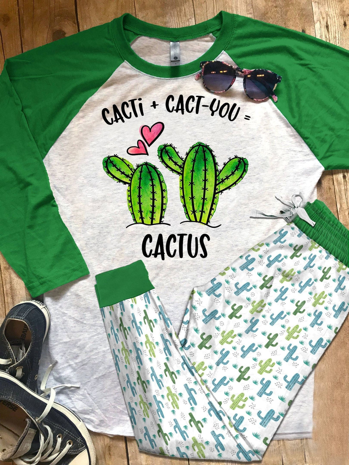 Cactus Set Colors Pajama Set |Sleepwear Pjs Sets | Raglan Shirt Pants Set