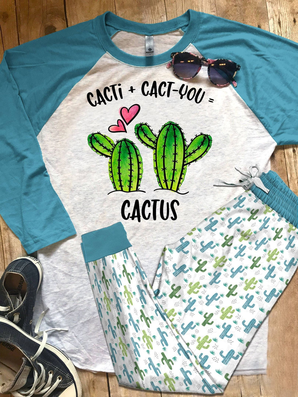 Cactus Set Colors Pajama Set |Sleepwear Pjs Sets | Raglan Shirt Pants Set