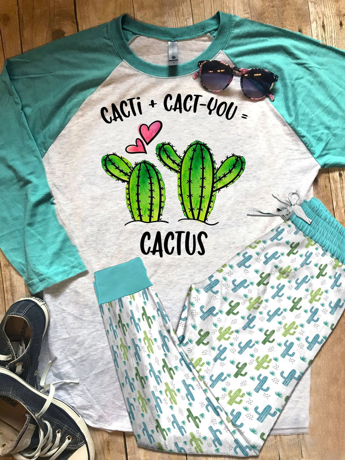 Cactus Set Colors Pajama Set |Sleepwear Pjs Sets | Raglan Shirt Pants Set