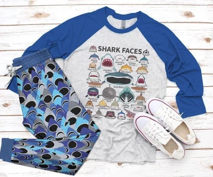 Shark Shark Faces Blue Unique Pajama Set |Sleepwear Pjs Sets | Raglan Shirt Pants Set
