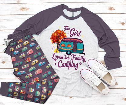 Camping Girl Purple Awesome Pajama Set |Sleepwear Pjs Sets | Raglan Shirt Pants Set