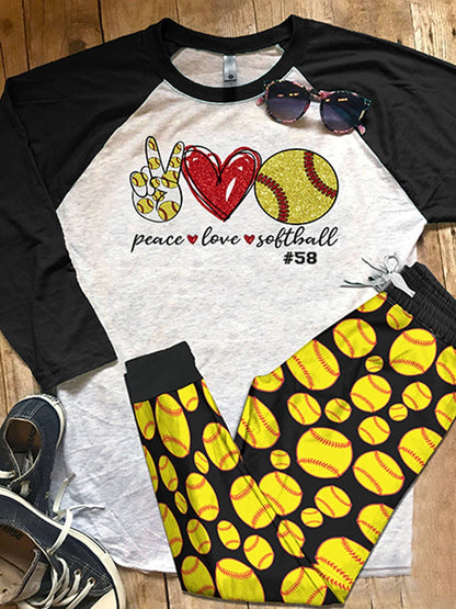 Softball Personalized Love Color Series Pajama Set |Sleepwear Pjs Sets | Raglan Shirt Pants Set