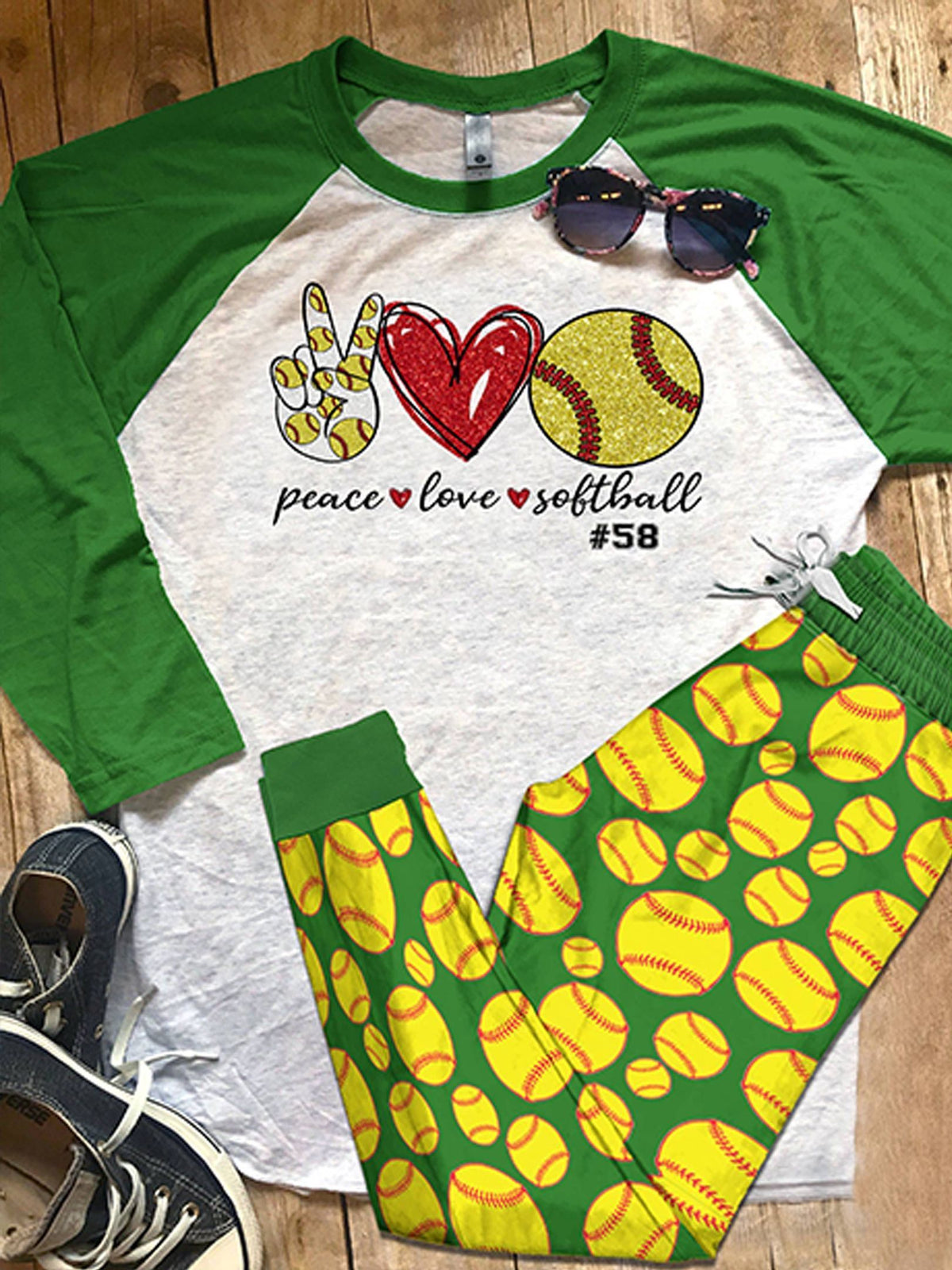 Softball Personalized Love Color Series Pajama Set |Sleepwear Pjs Sets | Raglan Shirt Pants Set