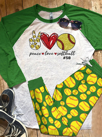 Softball Personalized Love Color Series Pajama Set |Sleepwear Pjs Sets | Raglan Shirt Pants Set