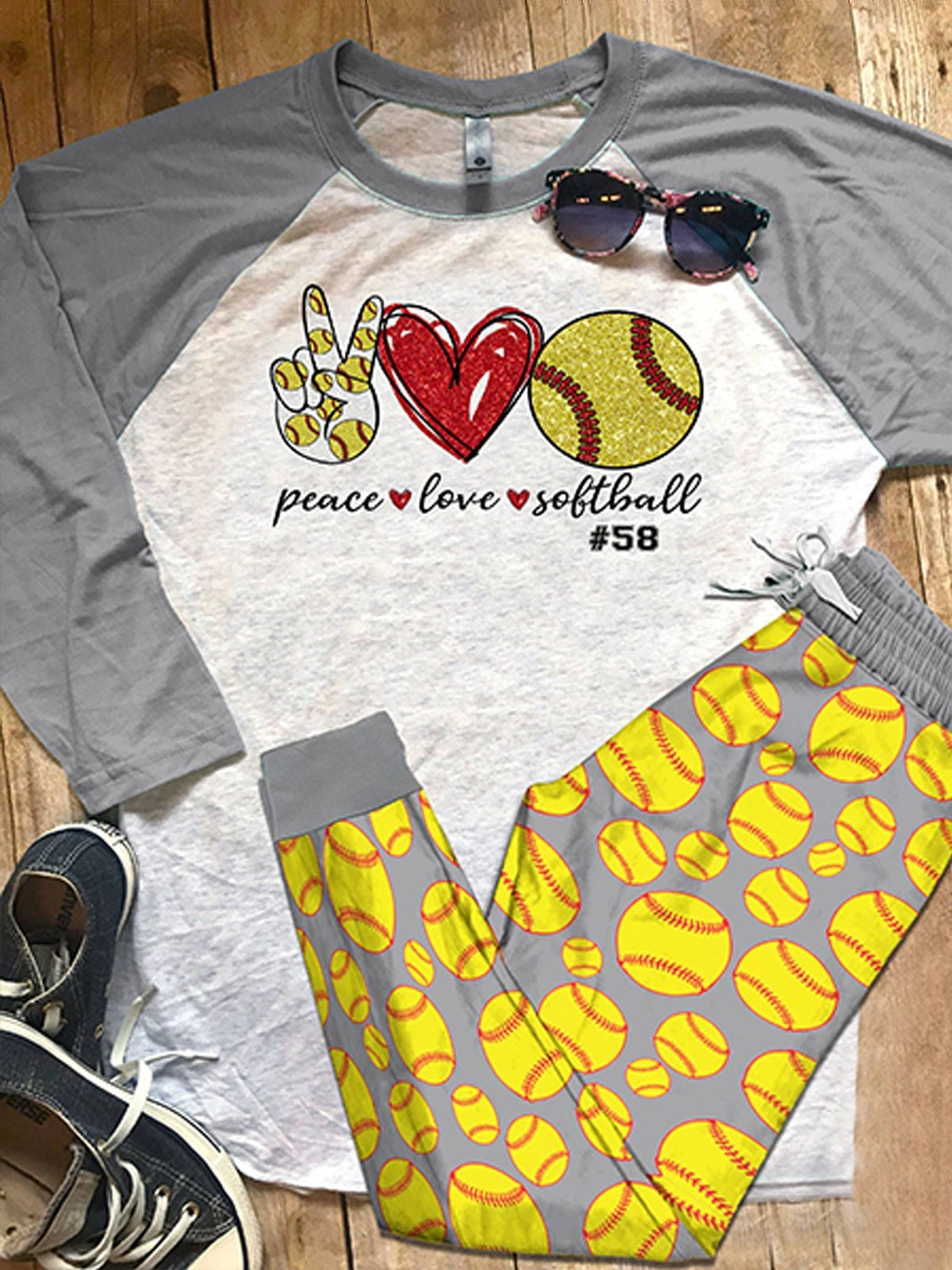 Softball Personalized Love Color Series Pajama Set |Sleepwear Pjs Sets | Raglan Shirt Pants Set