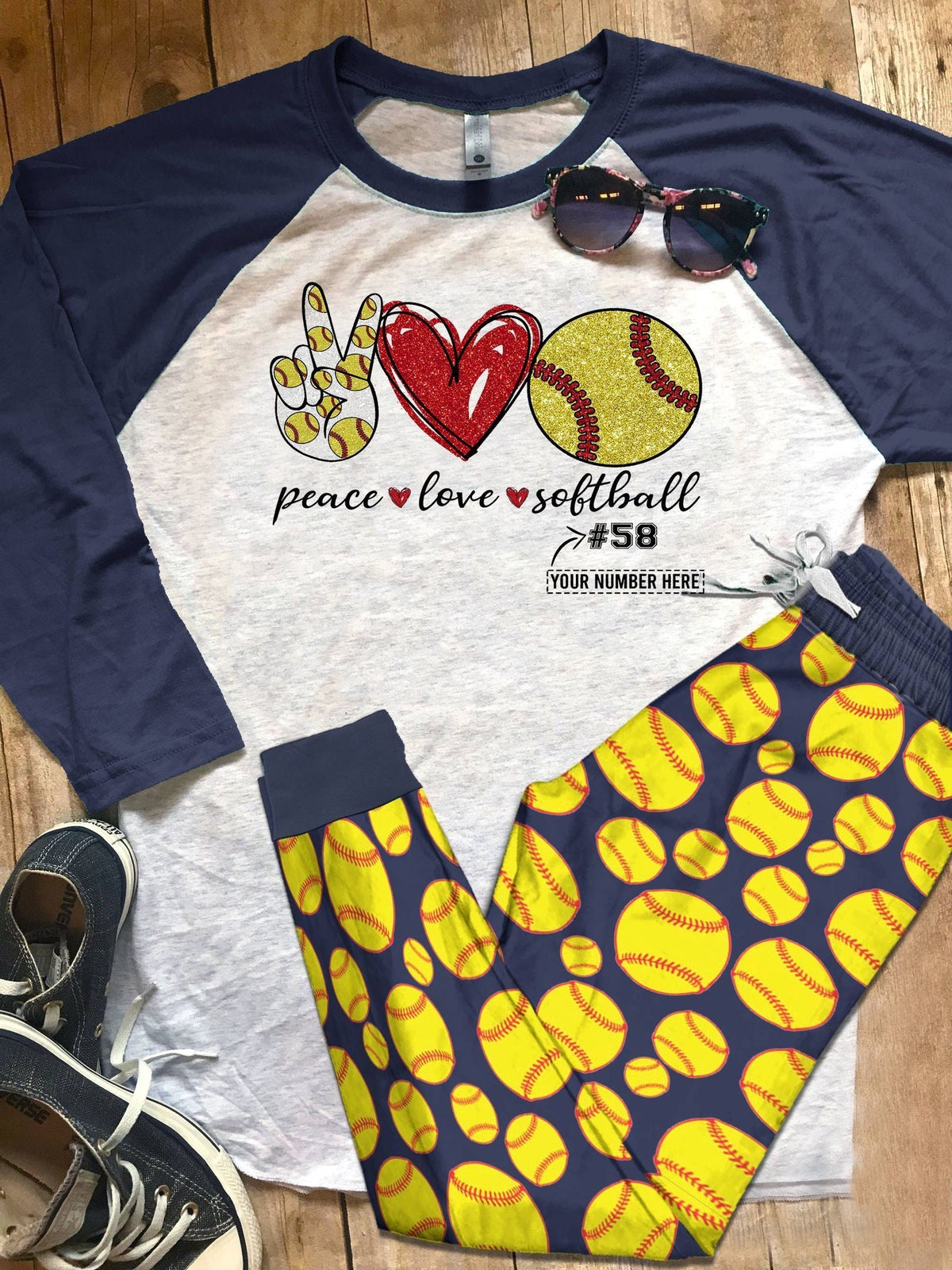 Softball Personalized Love Color Series Pajama Set |Sleepwear Pjs Sets | Raglan Shirt Pants Set