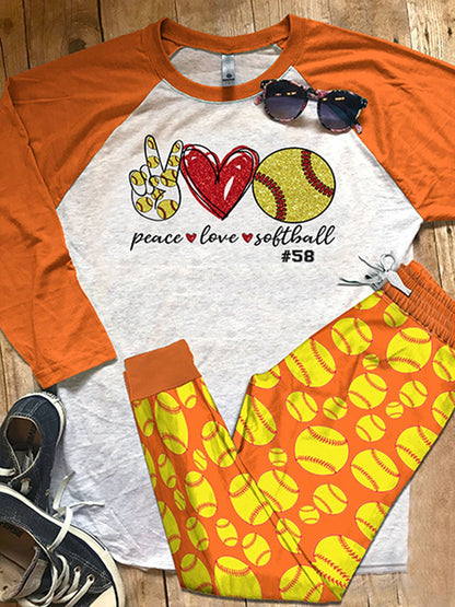 Softball Personalized Love Color Series Pajama Set |Sleepwear Pjs Sets | Raglan Shirt Pants Set