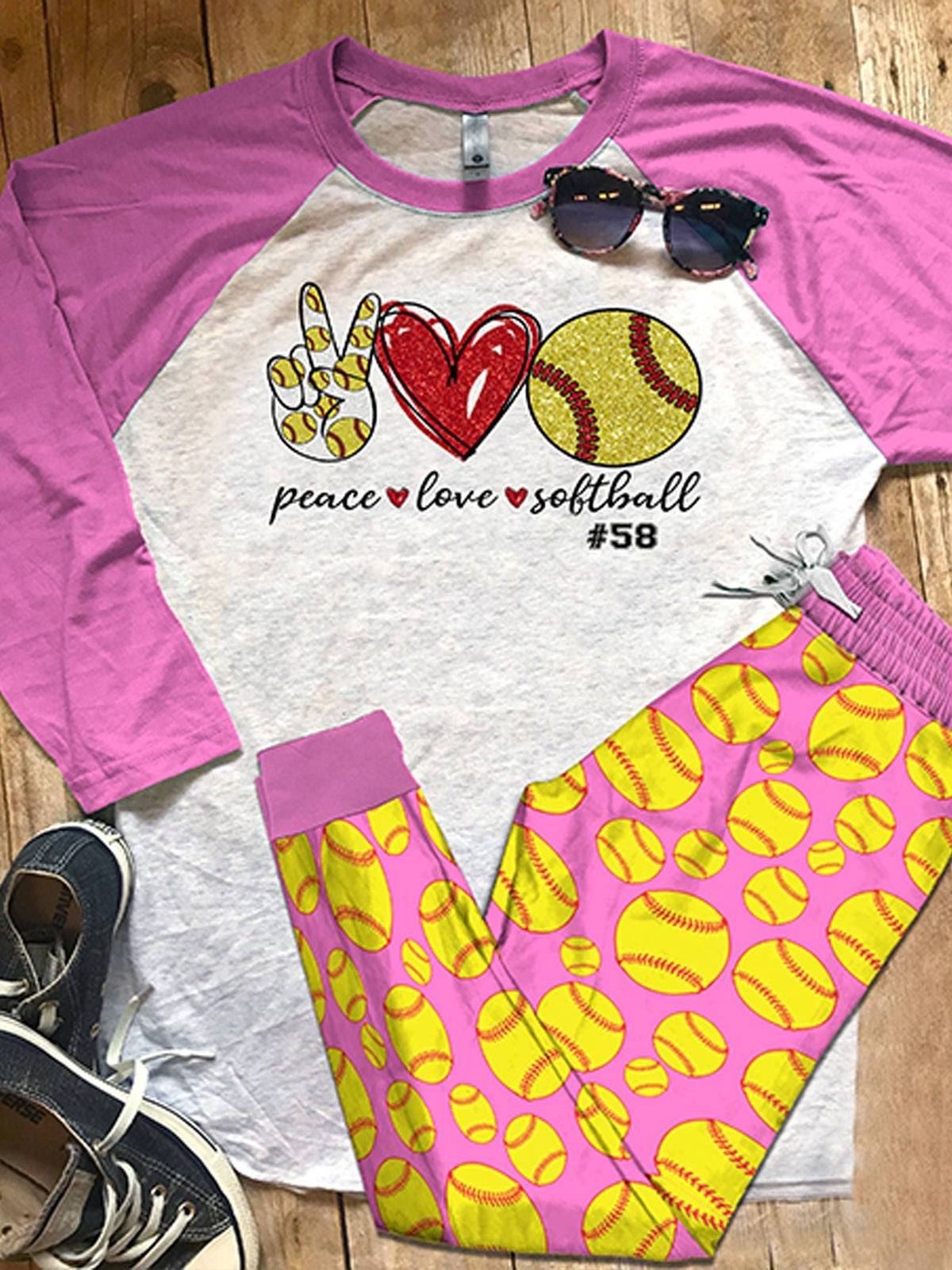 Softball Personalized Love Color Series Pajama Set |Sleepwear Pjs Sets | Raglan Shirt Pants Set