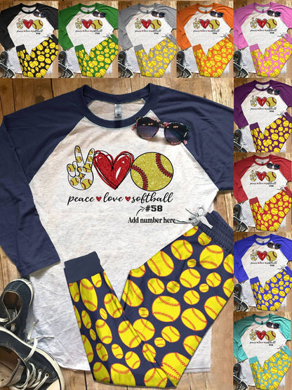 Softball Personalized Love Color Series Pajama Set |Sleepwear Pjs Sets | Raglan Shirt Pants Set