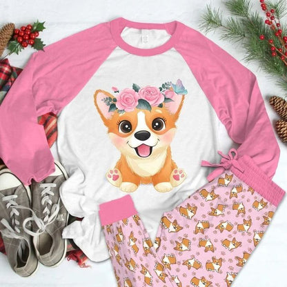Corgi Cute Pink Best Pajama Set |Sleepwear Pjs Sets | Raglan Shirt Pants Set