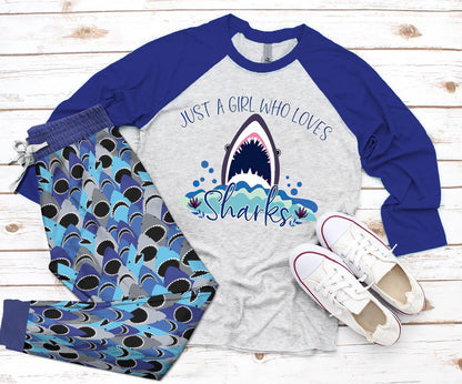 Sharks Just Love Purple Awesome Pajama Set |Sleepwear Pjs Sets | Raglan Shirt Pants Set