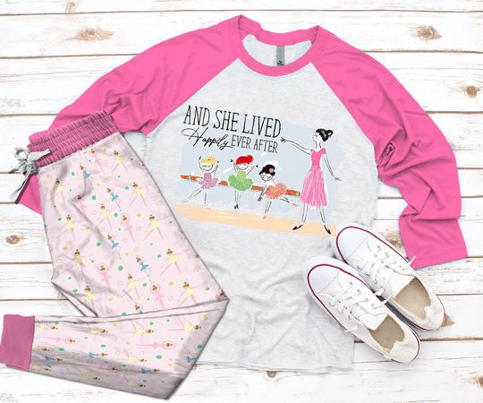 Ballet She Lived Happily Everter Pink Amazing Pajama Set |Sleepwear Pjs Sets | Raglan Shirt Pants Set