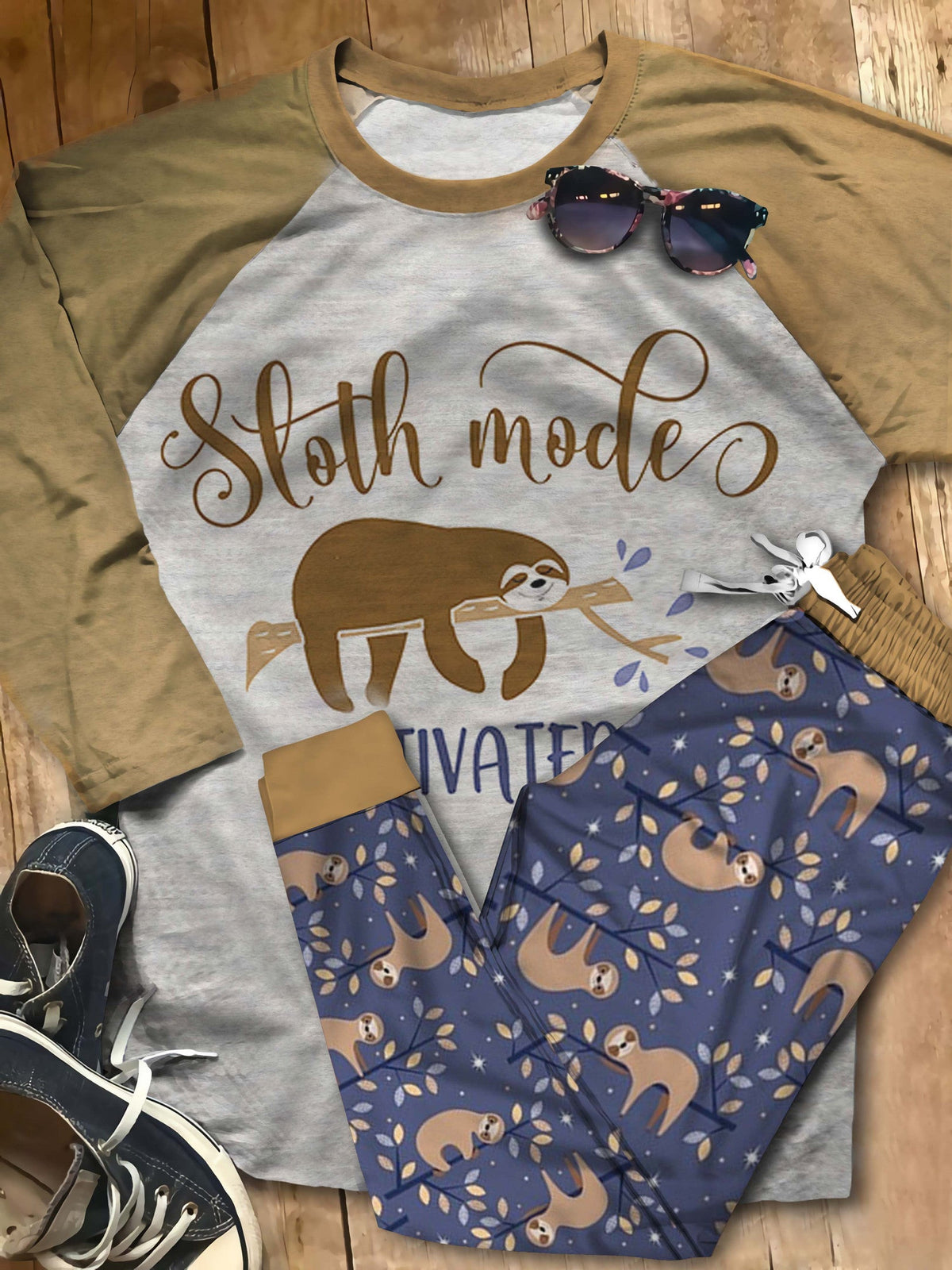 Sloth Sloth Mode Pajama Set |Sleepwear Pjs Sets | Raglan Shirt Pants Set