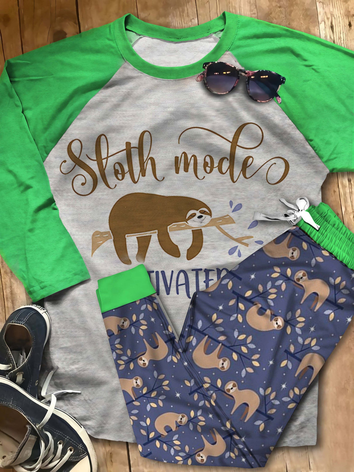 Sloth Sloth Mode Pajama Set |Sleepwear Pjs Sets | Raglan Shirt Pants Set