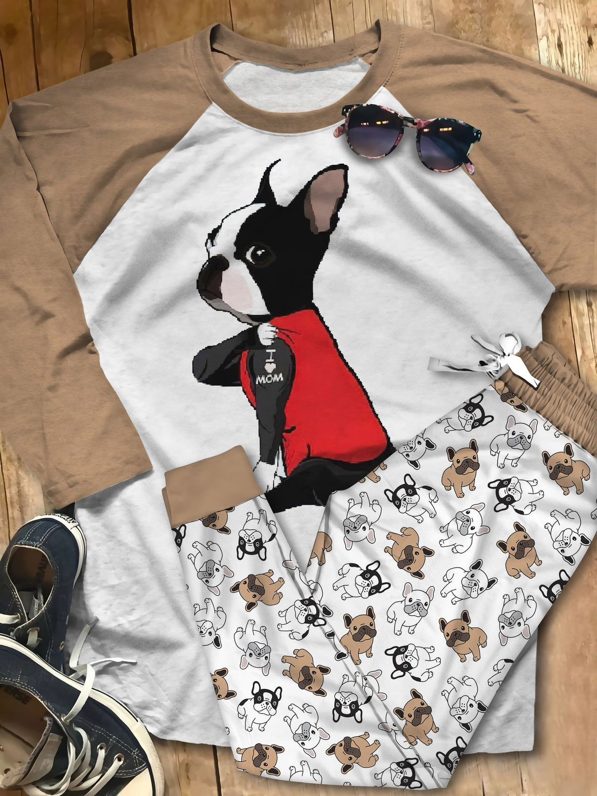 Boston Terrier Set Colors I Love Mom Pajama Set |Sleepwear Pjs Sets | Raglan Shirt Pants Set