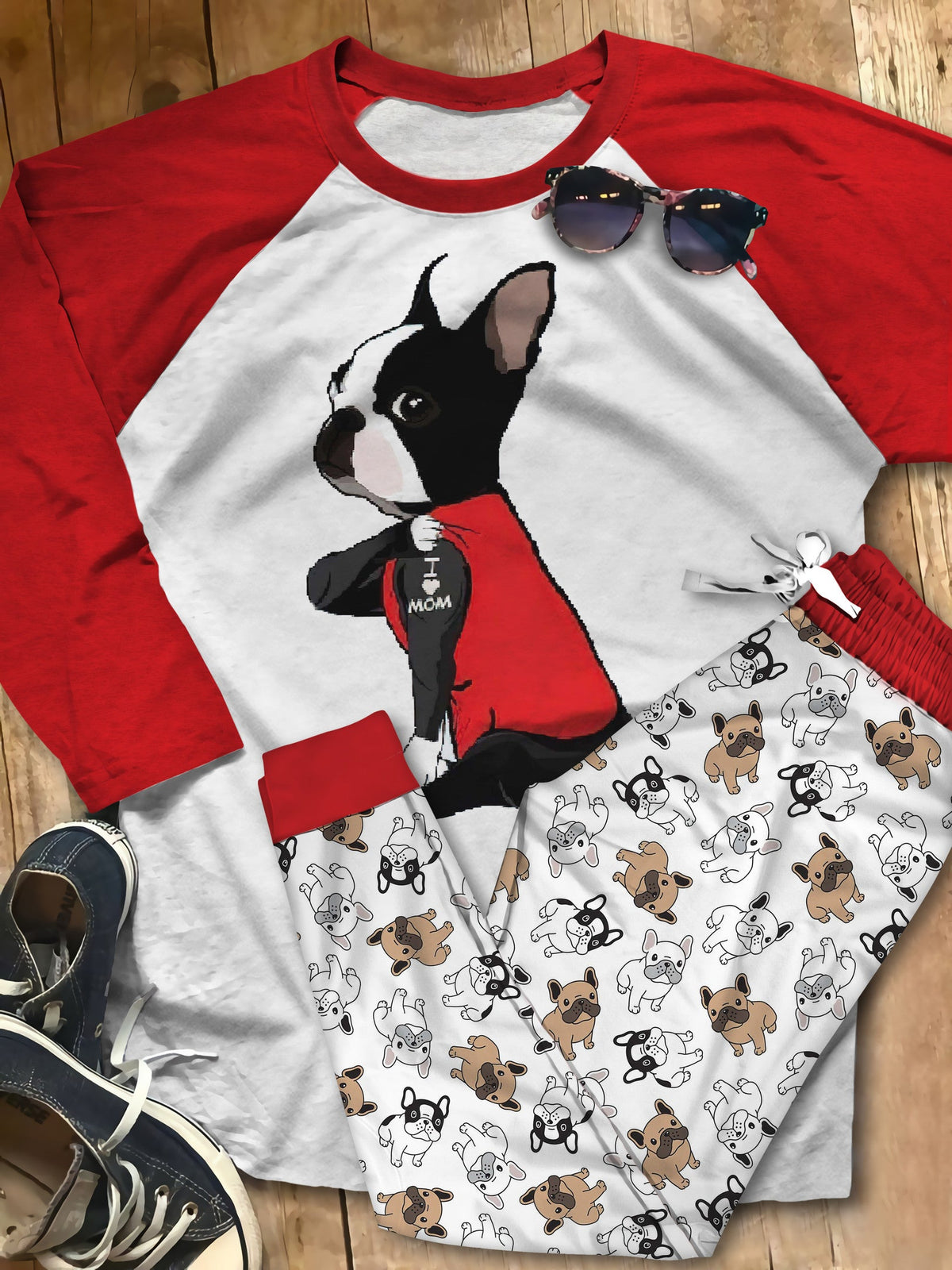 Boston Terrier Set Colors I Love Mom Pajama Set |Sleepwear Pjs Sets | Raglan Shirt Pants Set
