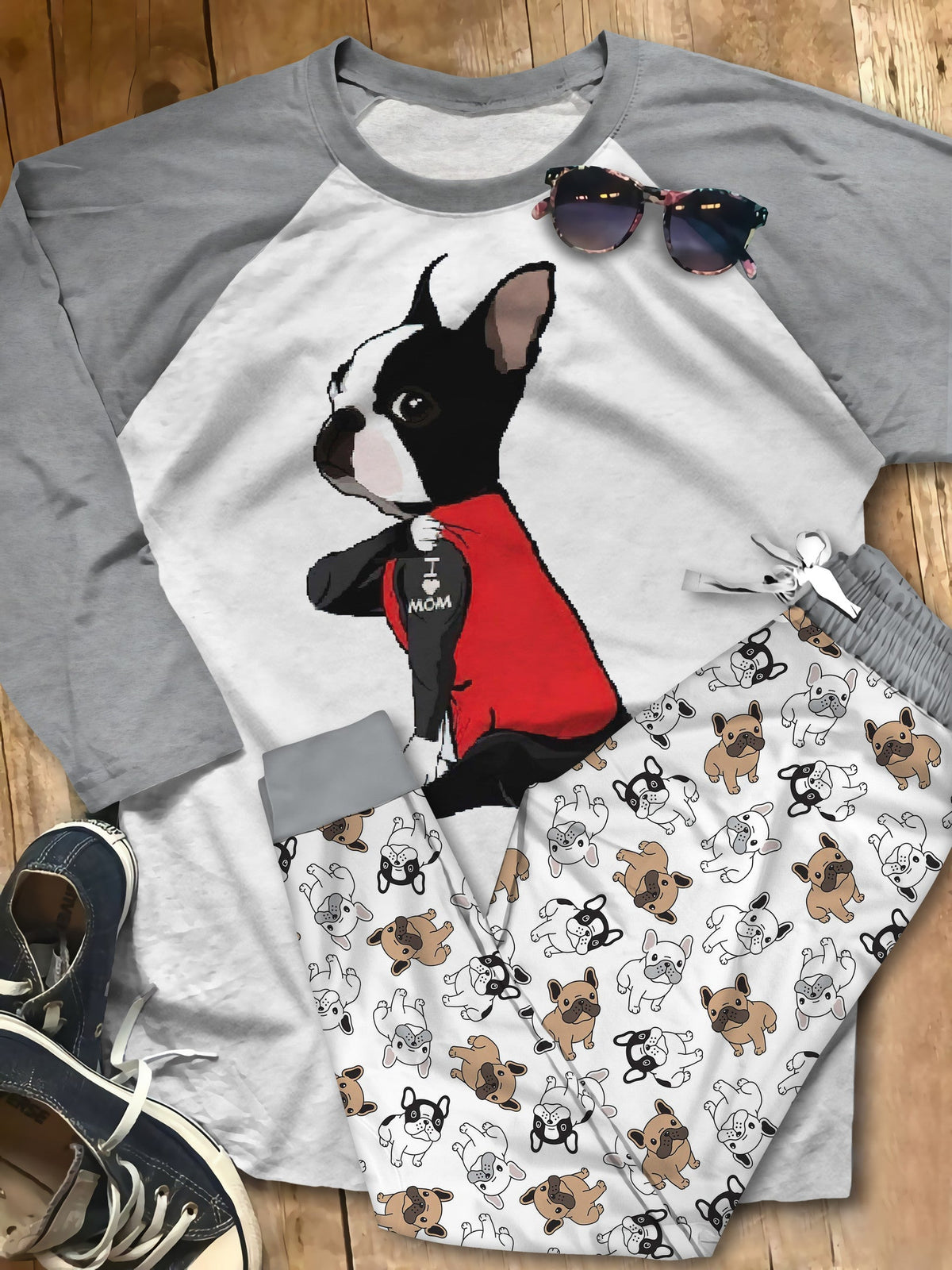 Boston Terrier Set Colors I Love Mom Pajama Set |Sleepwear Pjs Sets | Raglan Shirt Pants Set