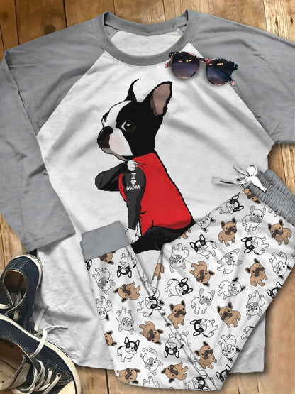 Boston Terrier Set Colors I Love Mom Pajama Set |Sleepwear Pjs Sets | Raglan Shirt Pants Set