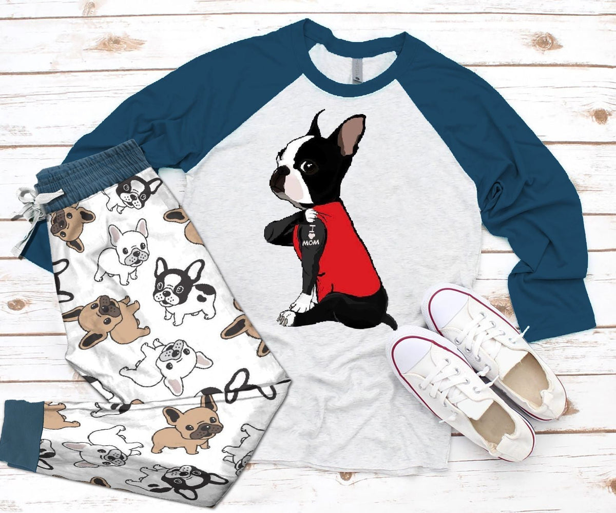 Boston Terrier Set Colors I Love Mom Pajama Set |Sleepwear Pjs Sets | Raglan Shirt Pants Set