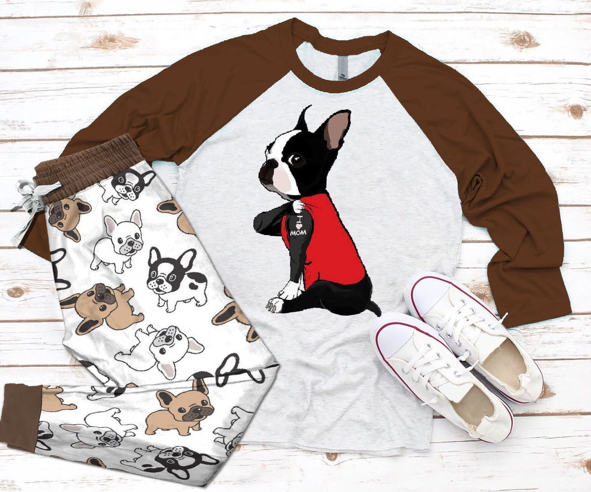 Boston Terrier Set Colors I Love Mom Pajama Set |Sleepwear Pjs Sets | Raglan Shirt Pants Set