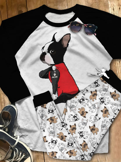 Boston Terrier Set Colors I Love Mom Pajama Set |Sleepwear Pjs Sets | Raglan Shirt Pants Set