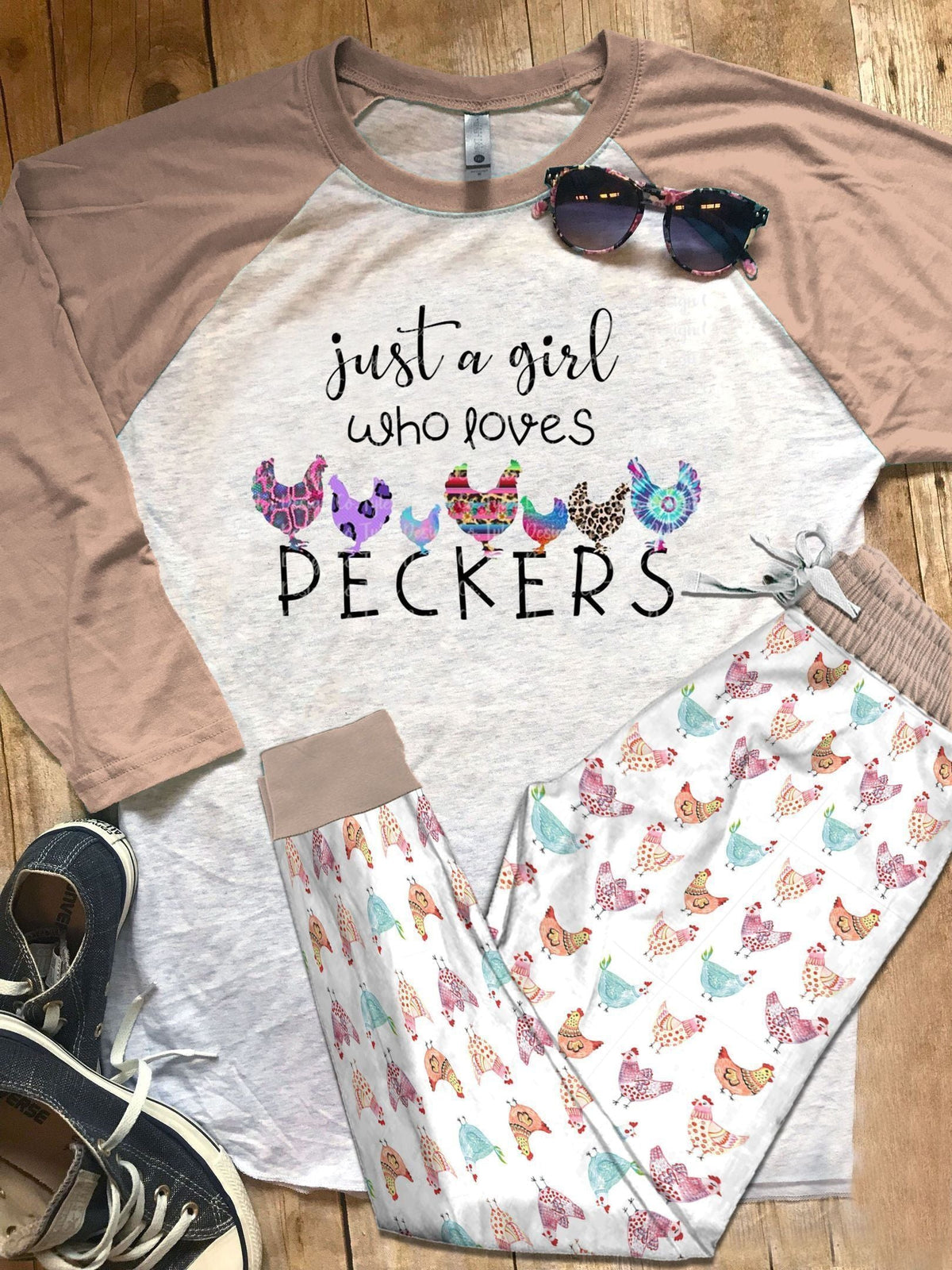 Chicken Just A Girl Who Loves Peckers Cream Nice Pajama Set |Sleepwear Pjs Sets | Raglan Shirt Pants Set