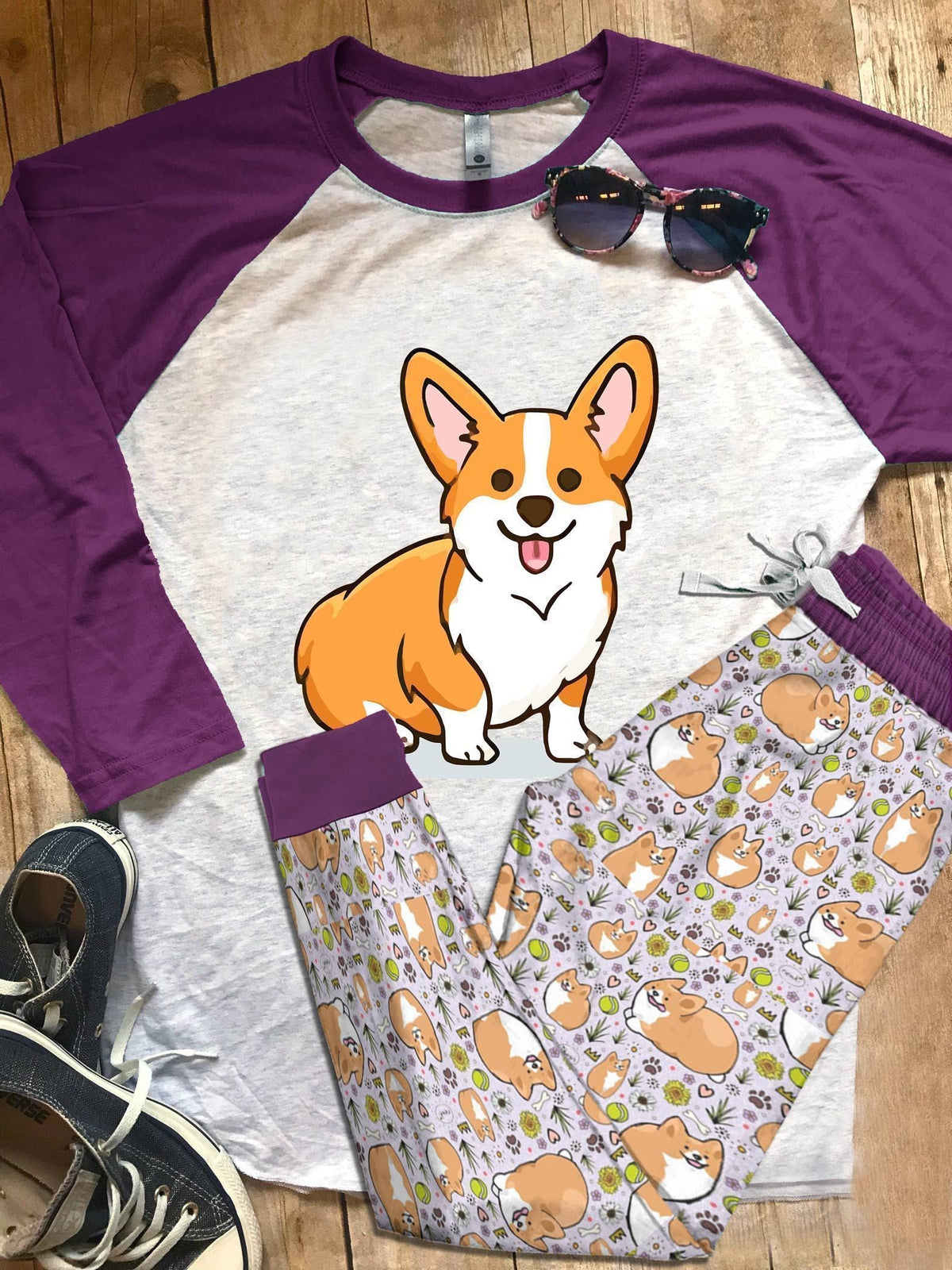 Corgi Cute Corgi Purple Nice Pajama Set |Sleepwear Pjs Sets | Raglan Shirt Pants Set